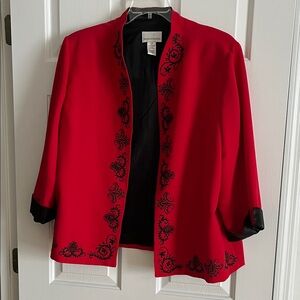 Elegant Red Blazer with Black Embroidery